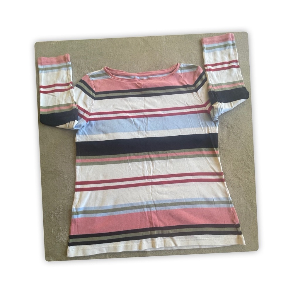 Talbots Tee Womens Medium Striped Boat Neck 3/4 Sleeve Cotton Top Pink